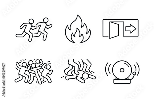 Emergency evacuation icons showing people running from fire and panic to safety