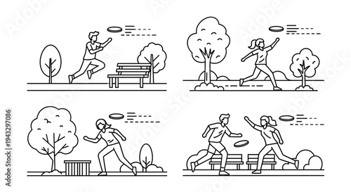 People playing frisbee in a park, set of four line art illustrations