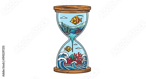 Conceptual hourglass filled with vibrant underwater marine life including colorful fish swimming amongst coral reefs and dynamic ocean waves symbolizing the passage of time