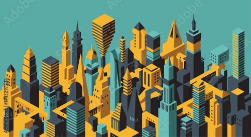 A dense isometric pixel art cityscape displays numerous tall, angular buildings in yellow, teal, and dark gray hues.