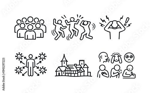 Collection of icons depicting social issues, health concerns, and community life