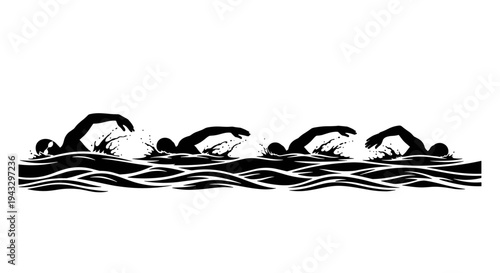 Silhouettes of swimmers in a race, captured in a dynamic black and white illustration