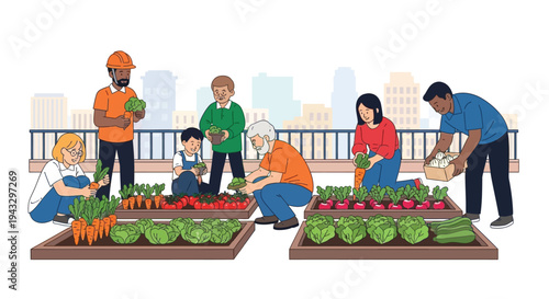 Diverse group of people gardening and harvesting vegetables on a rooftop