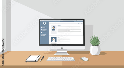 A modern office desk showcases a silver iMac displaying a social media profile, a potted plant, a notebook, and a pen against a light grey wall.