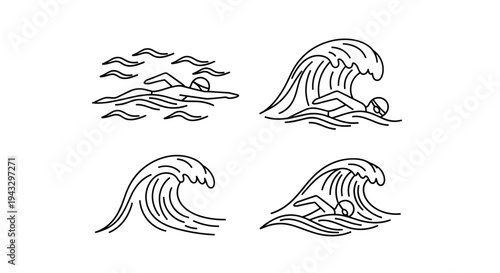 Set of four line art illustrations depicting swimmers in various ocean wave conditions