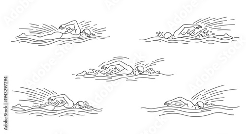 Collection of five minimalist line art illustrations of swimmers performing the freestyle stroke