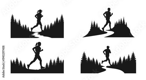 Silhouettes of male and female runners in natural forest and mountain landscapes