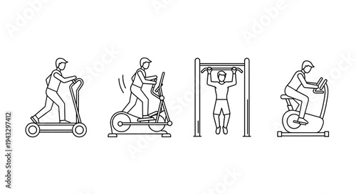 Diverse group of people performing various exercises on gym equipment in a line