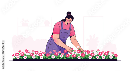 A smiling woman in a pink shirt and purple overalls is carefully tending to a colorful bed of pink and white flowers.