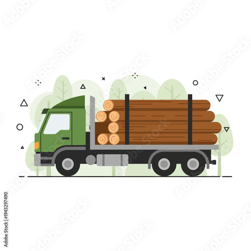 Modern Logging Truck Transporting Timber Cargo Through Forested Landscape