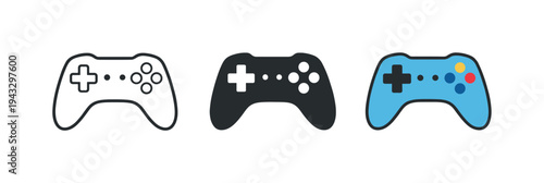 Three video game controllers in different styles: outline, solid black, and colorful blue