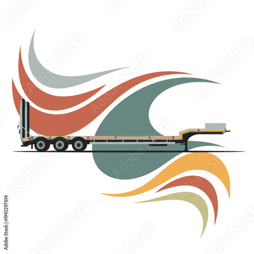 Modern Lowboy Trailer Hauling Heavy Equipment With Abstract Artistic Swirls