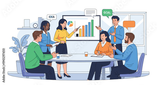 Six business professionals attend a dynamic presentation in a modern meeting room, with a woman pointing at a whiteboard displaying charts.