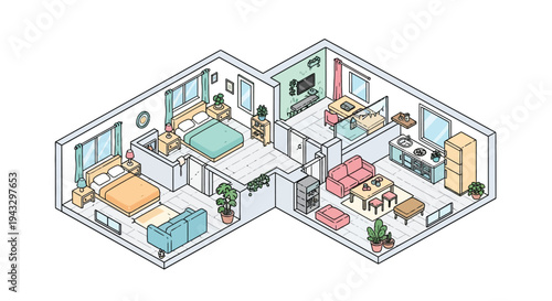 Isometric illustration of a modern apartment s interior layout and furnishings