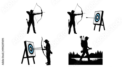 Silhouette collection of archers practicing archery and walking through nature