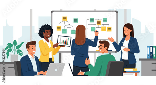 Five business professionals actively collaborate in a dynamic meeting, one woman writing on a whiteboard, another holding a tablet.