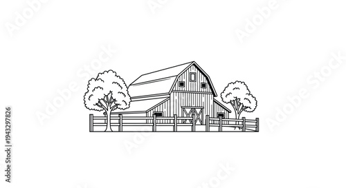 A detailed black and white line art illustration showcases a traditional barn with two trees and a wooden fence.