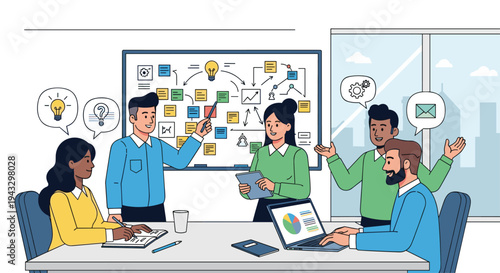 Five diverse professionals are actively brainstorming around a meeting table with a whiteboard covered in sticky notes and diagrams in a modern office.