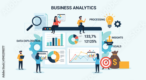 Eight small stylized figures are interacting with a large digital dashboard displaying business analytics with charts, graphs, and percentages.