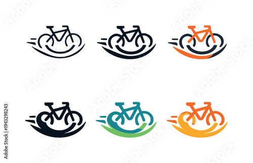 Set of bicycle logos with motion lines and colorful variations for branding
