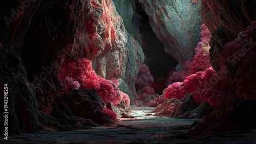 Eine Schlucht mit rosa Gesteinsformationen im Sonnenlicht.