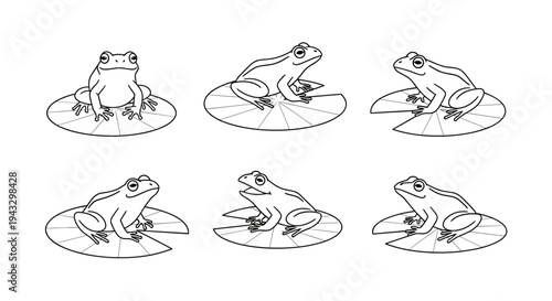 Six cartoon frogs sitting on lily pads in a simple line art illustration