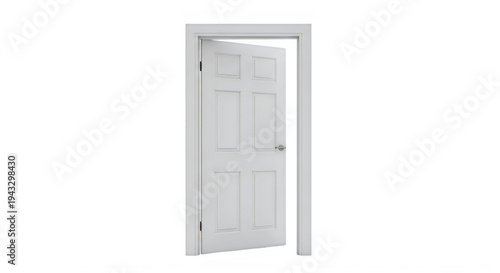 A classic white six-panel interior door with a silver handle stands slightly ajar in its frame.
