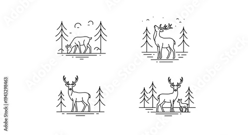 Set of minimalist line art illustrations featuring deer in forest settings
