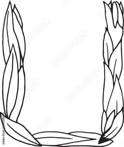 Eps Doodle style letter U drawn with tea leaves. Hand drawn black line art, simple sketch, raw tea leaves arranged in shape of U, organic texture, white background