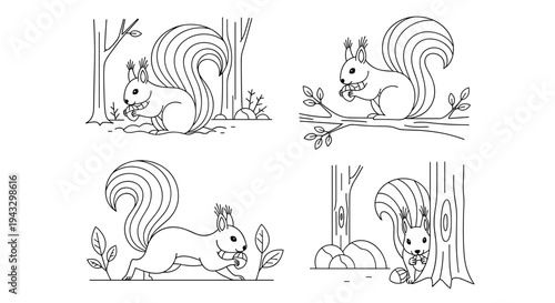 Cute cartoon squirrels in various forest settings, line art illustration