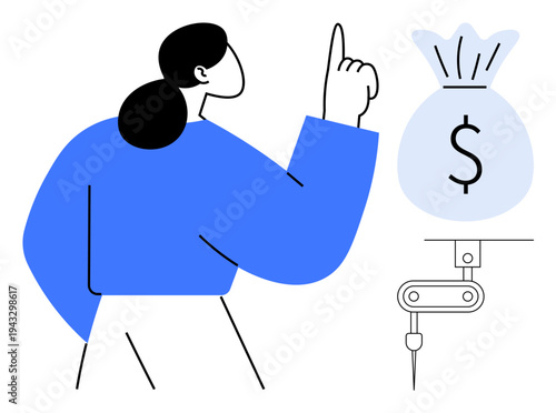Financial planning, automation, savings, investment, wealth management, business innovation. Woman pointing at a money bag on a robotic production line. Financial planning and automation concept