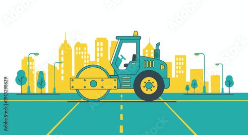 Modern Road Roller Machine Working On City Street Illustration