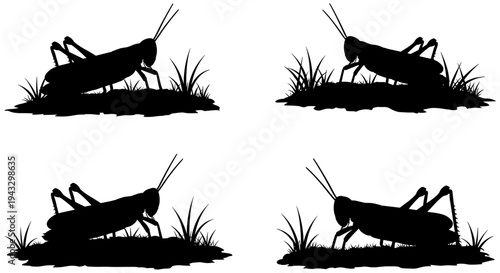 Four black silhouettes of grasshoppers resting on grass in a repeating pattern