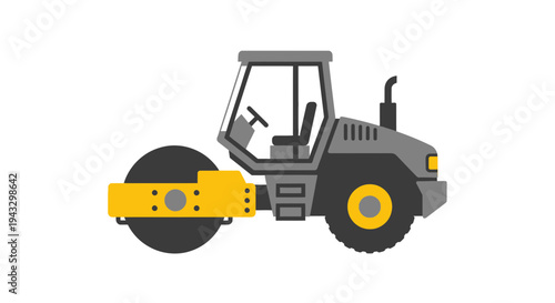 Modern Road Roller Machine With Yellow Accents And Grey Body On White Background