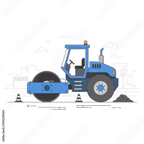 Modern Road Roller Machine Working on Construction Site