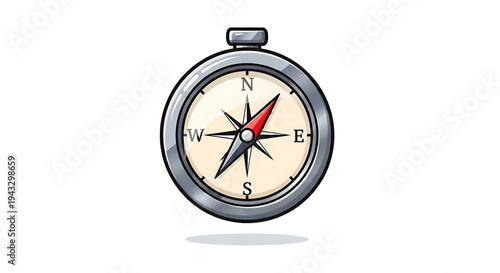 Classic metallic compass with a red needle pointing north symbolizing direction navigation exploration and decision making isolated on a clean white background for easy