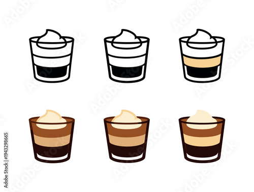 Set of layered coffee shots with whipped cream, flat design and outline icons