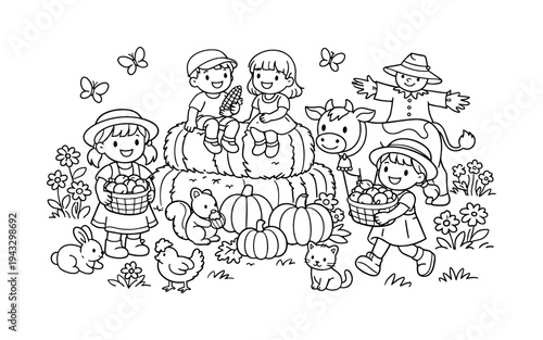 Harvest festival scene with kids carrying baskets, playing near hay bales and pumpkins, friendly animals, butterflies, and