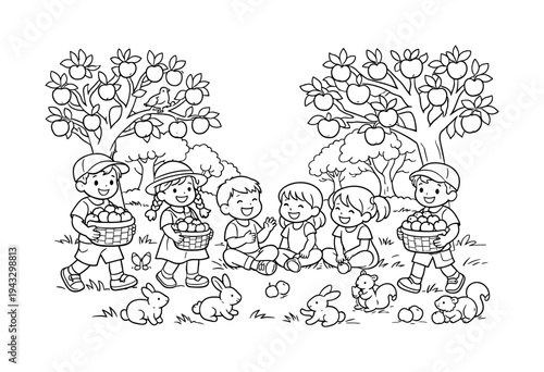 Apple orchard scene with kids carrying baskets of apples, friends laughing under the trees, small animals like rabbits and