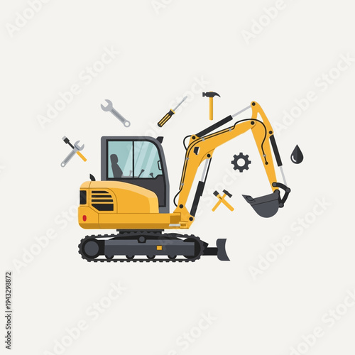 Modern Yellow Excavator Machine And Tools For Construction Projects On White