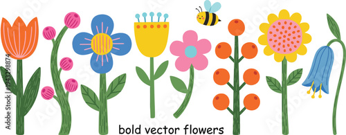 Bold Flowers. Vector naive isolated spring and summer floral illustrations on a transparent background in folk style for icons, stickers, print and design