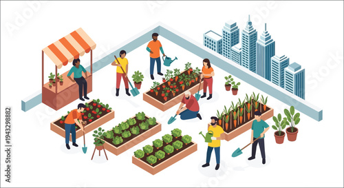 Rooftop garden with people tending to plants and a small market stall