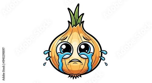 Sad crying onion character with big blue eyes and watery tears expressing extreme sadness and disappointment isolated on a clean white background cartoon style