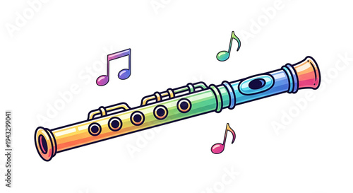 Colorful cartoon recorder flute with musical notes floating around representing music education melody and artistic expression ideal for children's learning materials and joyful