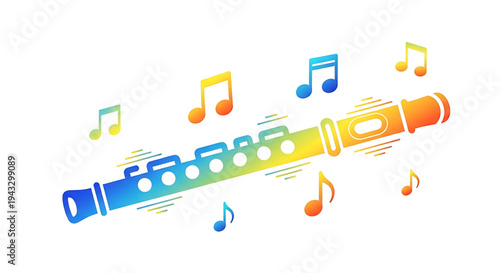 Vibrant colorful recorder instrument with floating musical notes symbolizing melody creativity and music education set against a clean white background with a subtle gradient