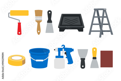 A comprehensive collection of essential tools for home renovation, painting, and DIY projects, including rollers, brushes, ladders, and various application implements necessary for improvement tasks