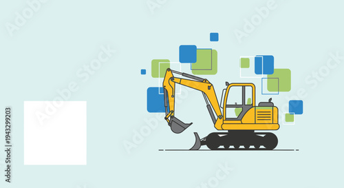 Modern Yellow Excavator Machine Graphic On Pastel Background With Abstract Shapes
