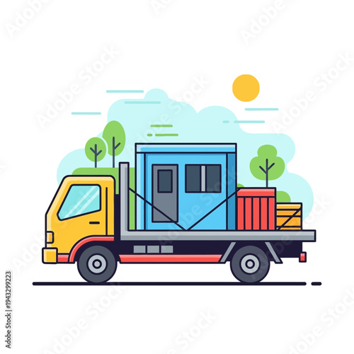 Modern Truck Transporting Prefabricated Structure and Materials Outdoors