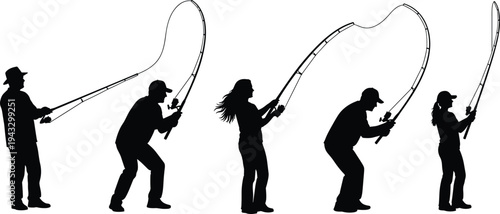 Black, silhouette, set, of, men, and, women, fishing, with, rods, isolated, on, white, background, people, angling, recreation, hobby, sport, collection.