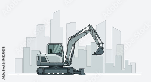 Modern Urban Construction Excavator Ready To Work In Cityscape